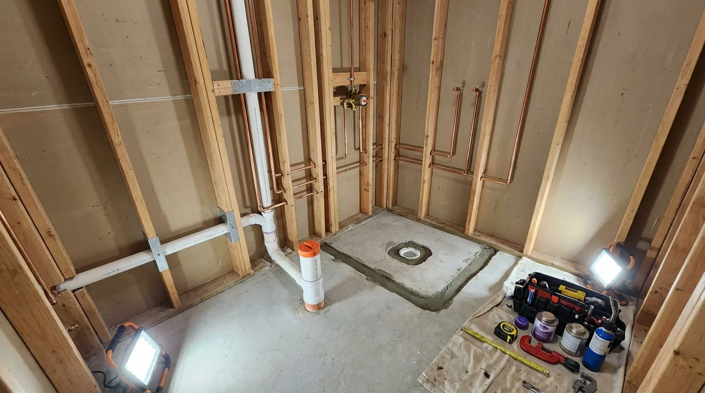 Bathroom rough-in plumbing during remodel by Johns Plumbing LLC in Hot Springs