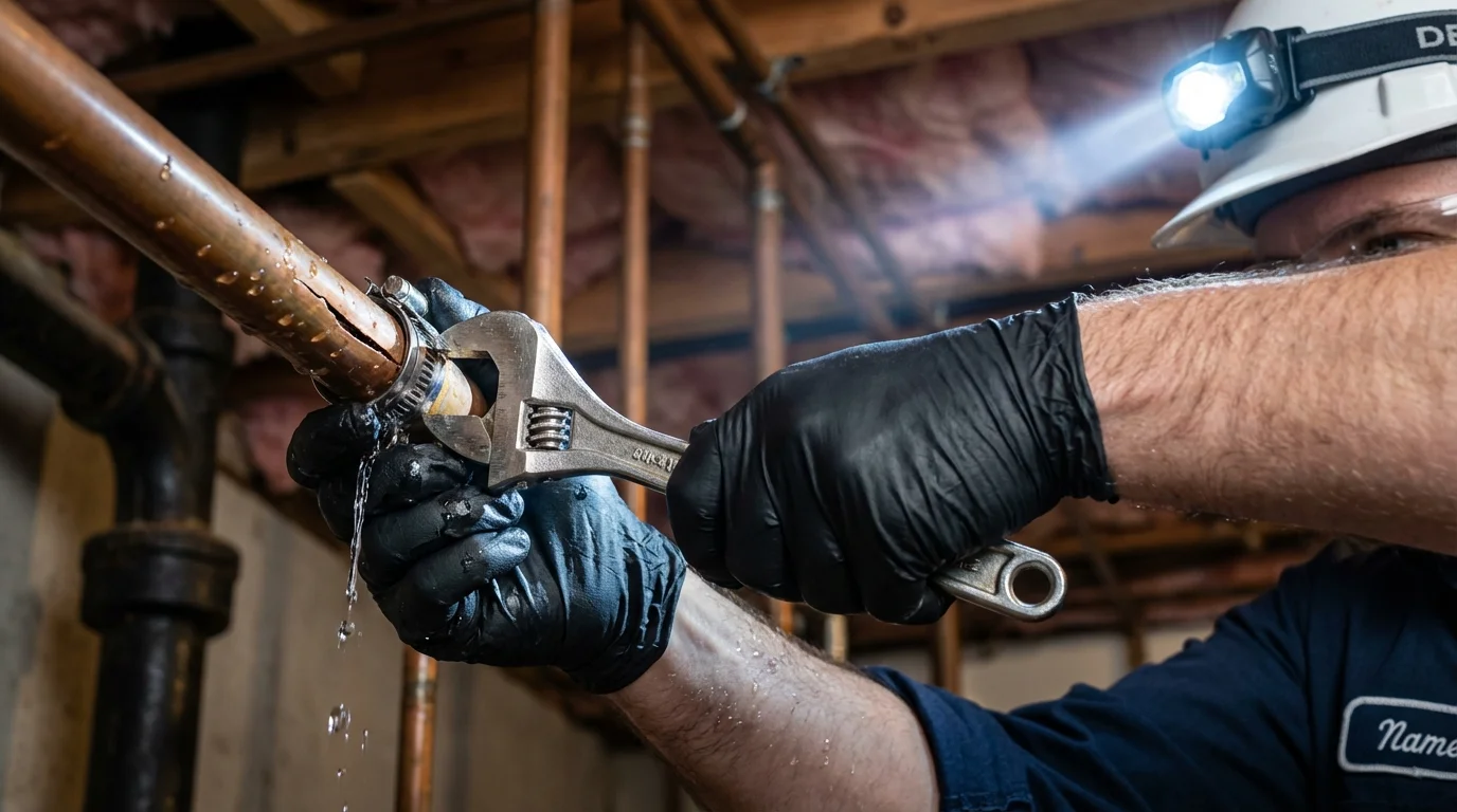 Emergency pipe clamp repair being performed by a Johns Plumbing LLC plumber in Hot Springs