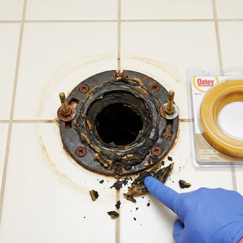 Failed wax ring showing water seepage at the base of a toilet in a Hot Springs, SD home