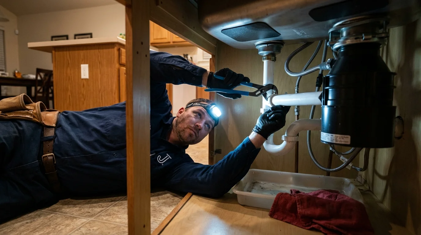 P-trap and supply line connections under a kitchen sink showing a common leak point in Hot Springs, SD